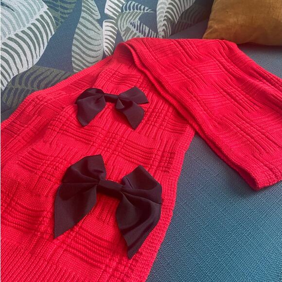 Kate Spade New York Bright Red 100% Wool Scarf Black Bow Accents - Picture 2 of 7